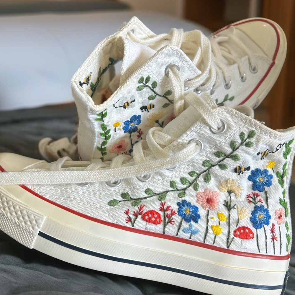 Chuck Taylor All Star White Converse High Tops w/ Colorful Floral Embroidery 7